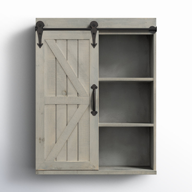 Gray Wood Bathroom Wall Storage Cabinet with Sliding Barn Door
