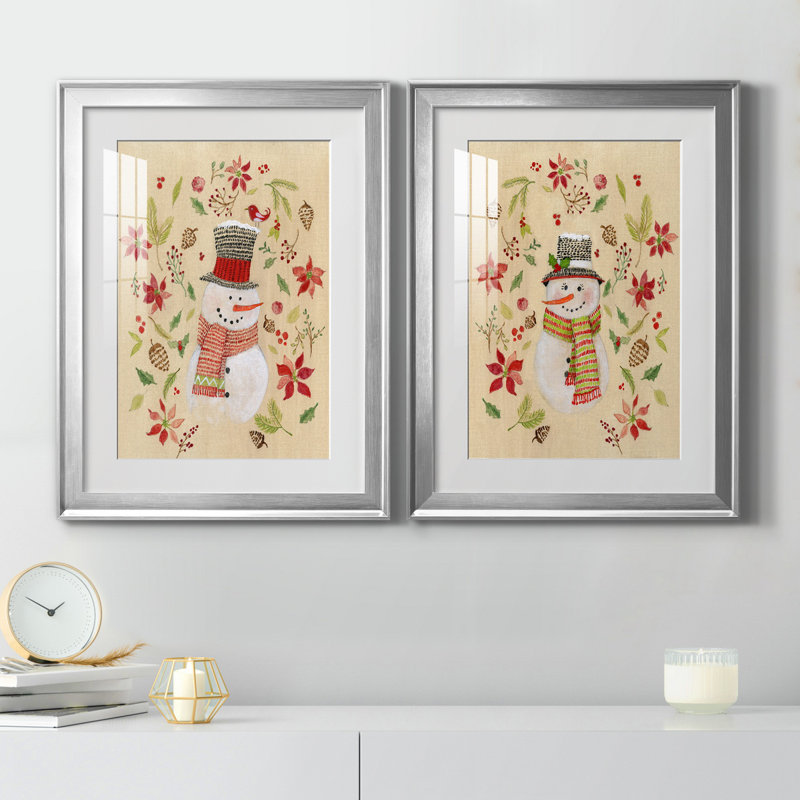 «Holly Days Snowman», ensemble de 2 reproductions d'art, Blanc, H 22,5 po x l 61 po x P 1,5 po, Papier avec cadre argenté