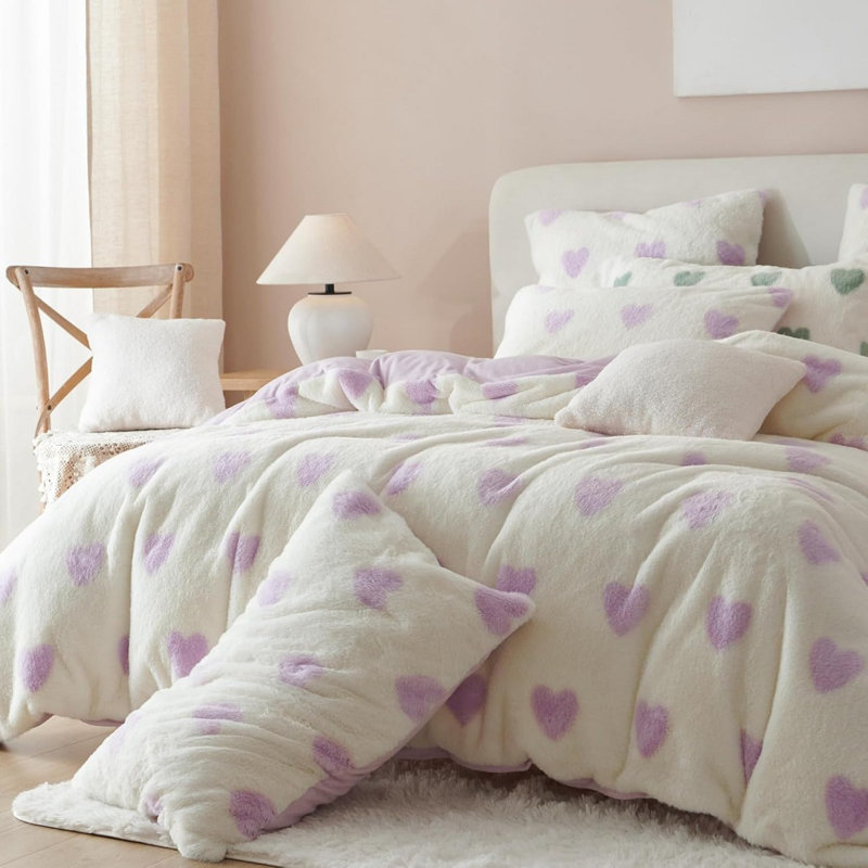 Plush Bedding Set Heart Love Faux Fur Fluffy Winter Bedding Flannel Velvet Beaver Warm Blanket Cover Winter Duvet Cover ﻿