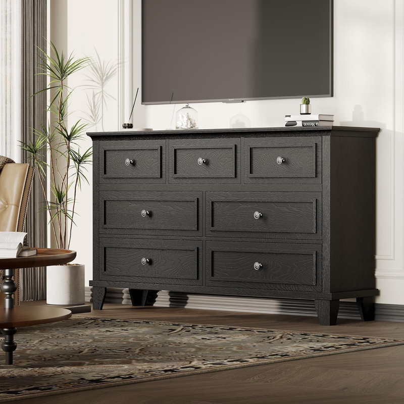 Black 7-Drawer Dresser, 47" Wide Rustic Wood Chest with Deep Drawers for Bedroom, Black