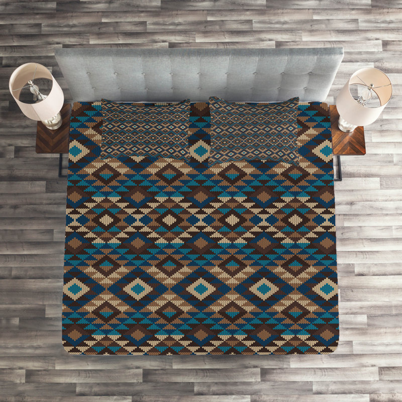 Ethnic Rustic Polyester Geometric Shapes Coverlet, King Bedspread + 2 Shams