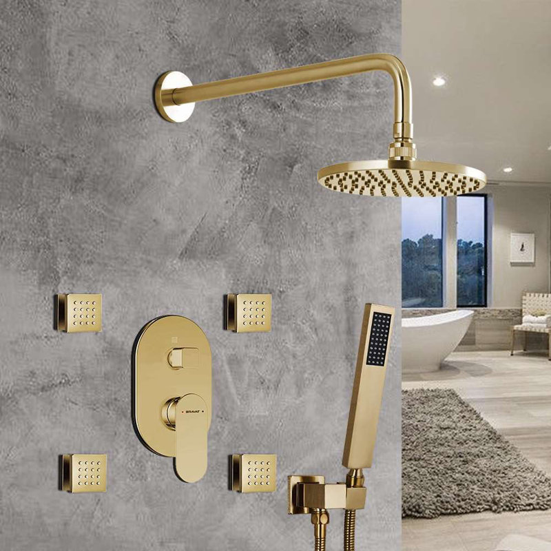 Ensemble de douche Bravat or brossé avec robinet mélangeur à 3 voies mural