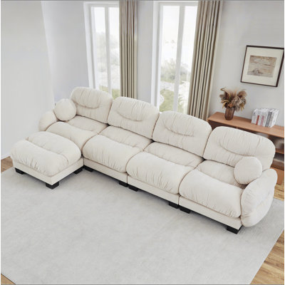 Canapé modulaire confortable à 4 places en tissu de chenille plissé avec siège ergonomique en mousse haute densité, canapé modulaire en forme de L avec repose-pieds, accoudoirs arrondis arrondis et 2 coussins décoratifs ronds
