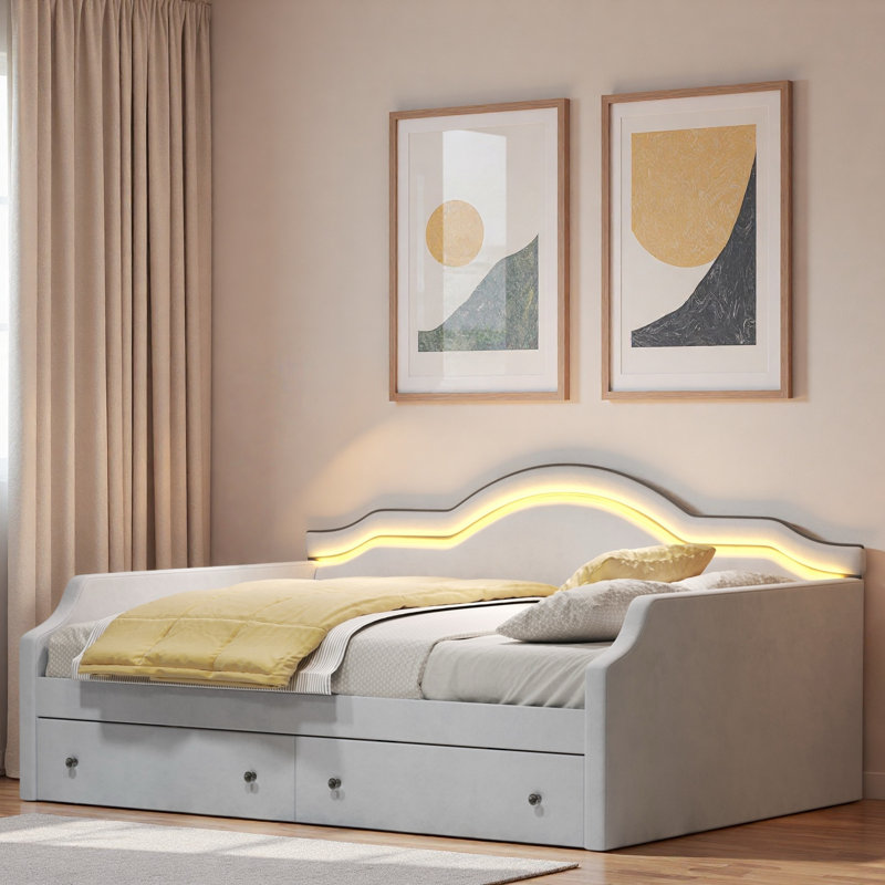 Upholstered Daybed With Led And 2 Drawers, Gray, Full