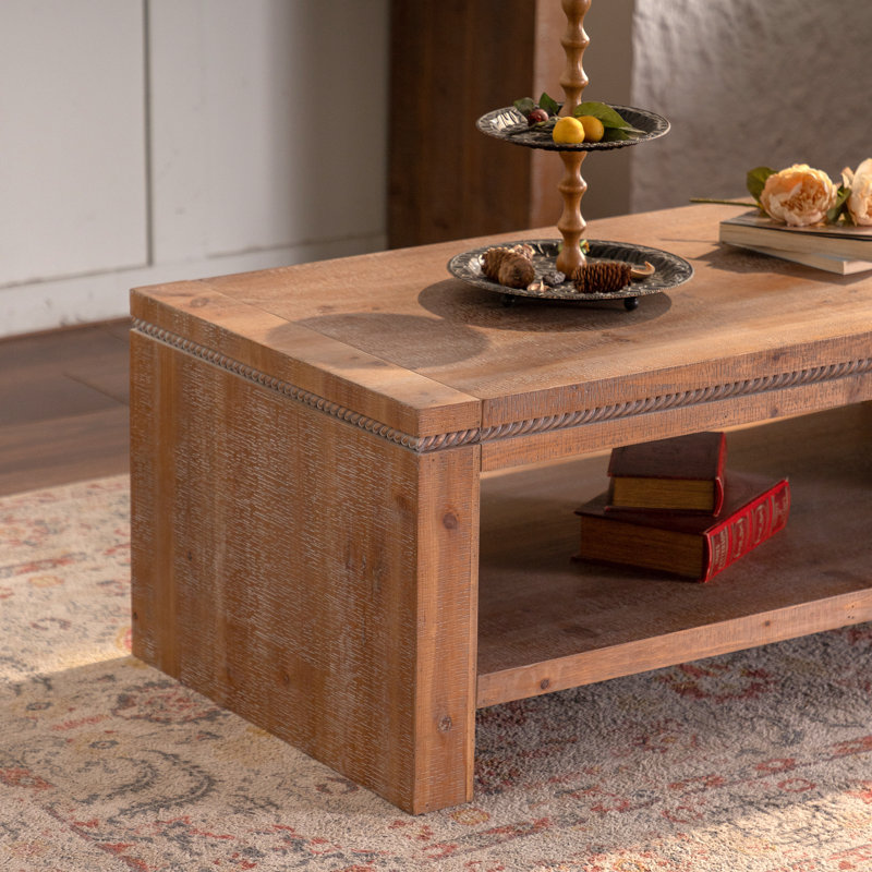 Table basse rectangulaire en bois massif, grande table basse rustique à 2 niveaux avec tablette de rangement, assemblage facile