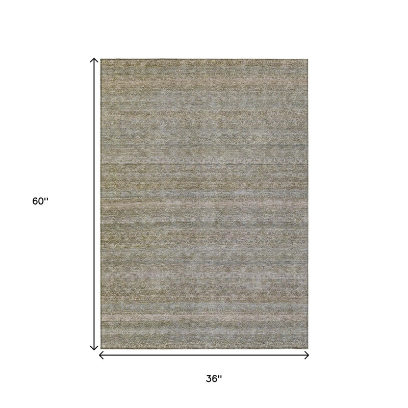 3' X 5' Khaki And Beige Striped Washable Indoor Outdoor Area Rug
