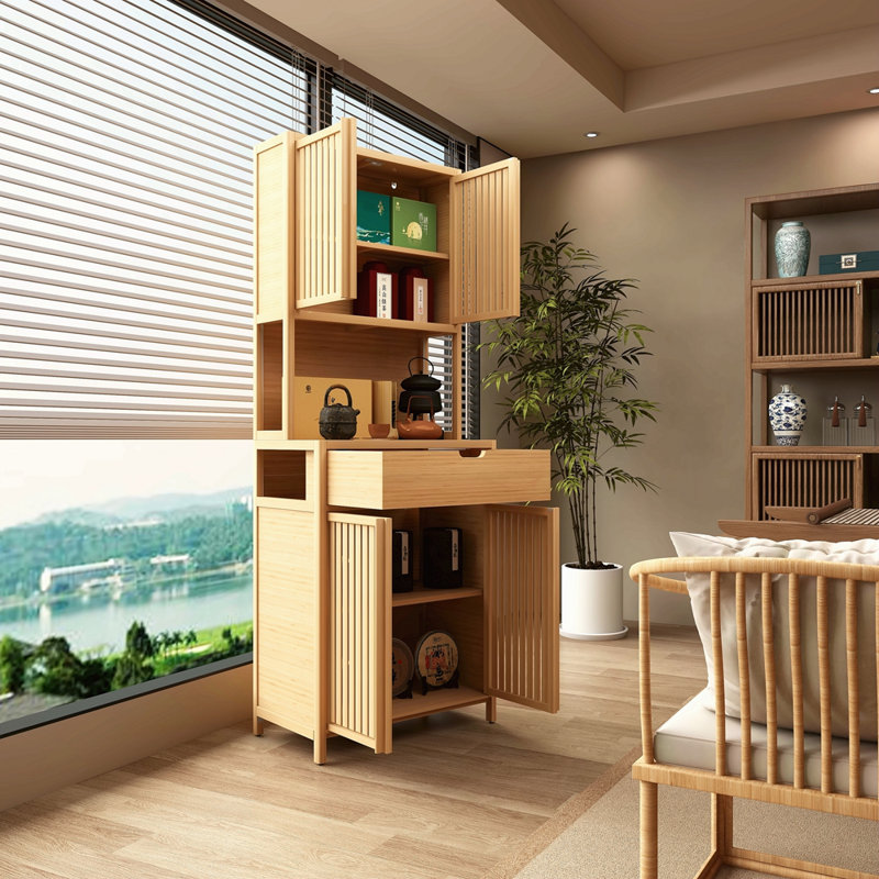 72-Foot-Tall, Wood-Coloured, Double-Door Bamboo High-Capacity Storage Cabinet For Main Living Spaces Such As Dining Rooms, Bedrooms, And Living Rooms