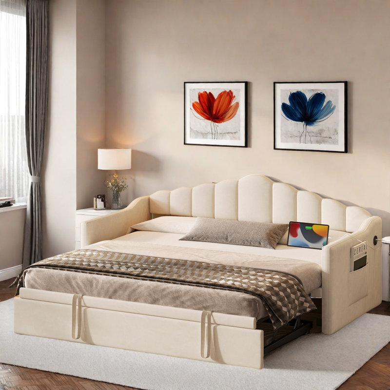 Upholstered Daybed With Pop Up Trundle, Charging Ports, 2 Side Pockets And Curved Backrest Design, Beige