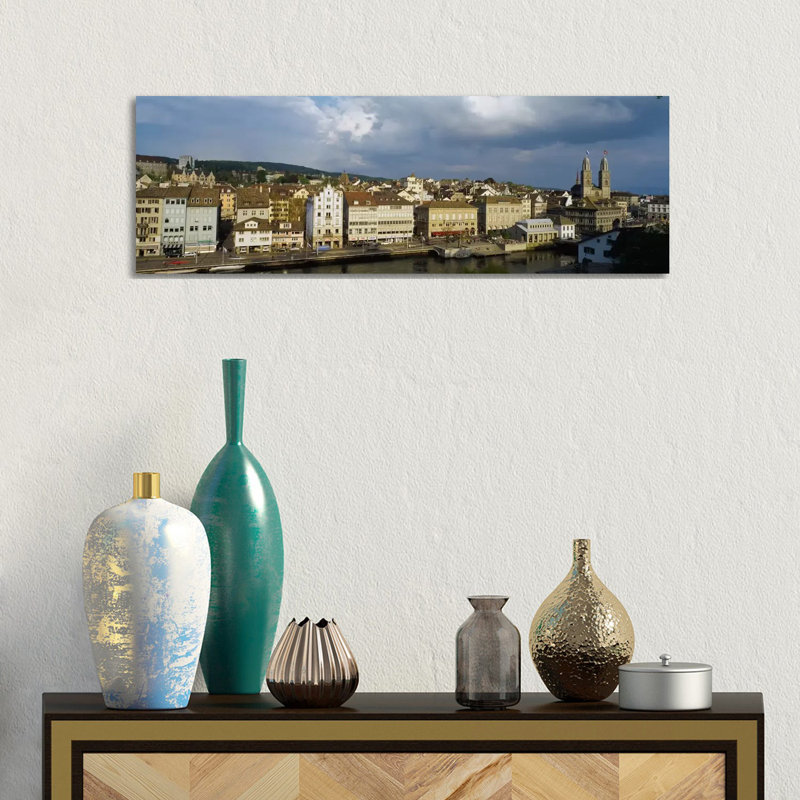 High Angle View Of A City, Grossmunster Cathedral, Zurich, Switzerland - Wrapped Canvas Panoramic Print