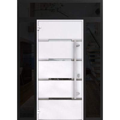 Front Exterior Prehung Steel Door / Deux 1105 Black Enamel / 2 Side and Top Exterior Window Sidelite / Stainless Inserts Entry Metal Modern Painted W16+36+16" x H80+16" Right hand Inswing