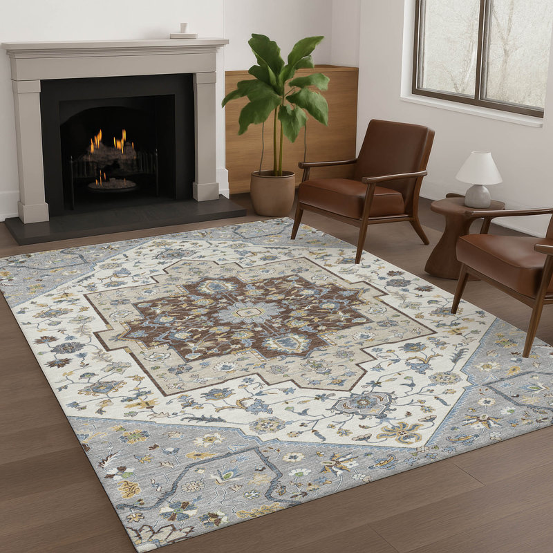 Tapis traditionnel lavable à la machine intérieur / extérieur ACN2533, Gris, Rectangle 10 pi x 14 pi