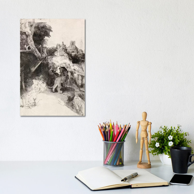 Saint Jerome Reading in an Italian Landscape by Rembrandt van Rijn - 1 Piece Wrapped Canvas Painting, 20.32 cm H x 30.48 cm W