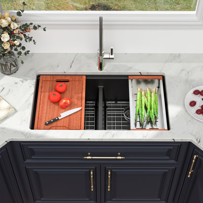 33" L x 19" W Quartz Double Bowl Low-Divider Kitchen Sink, Black Granite Composite Undermount Workstation Sink with Sink Grid, Strainer, Colander, Cutting Board and Roll-up Rack