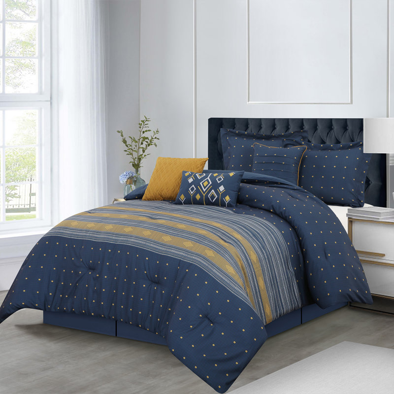Navy 7 Piece Geometric Comforter Set, Cal. King Comforter+2 King Shams + 3 Throw Pillows
