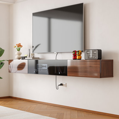 Meuble télé 70 po mural flottant ultrabrillant avec rangement (noyer)