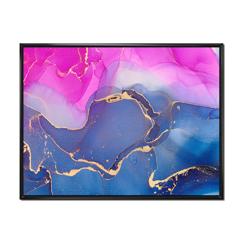 «Pink Luxury Abstract Fluid», peinture sur toile, Cadre flottant noir, H 24 po x l 32 po x P 1 po