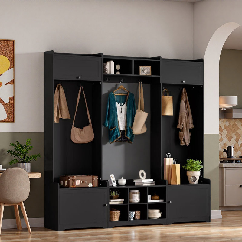 4-in-1 Modern Hall Tree With Shoe Storage, Cubbies, Coat Hooks And Adjustable Shelves, Black