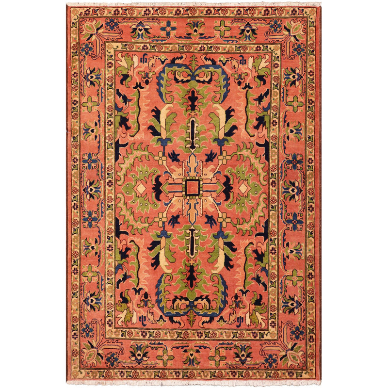 Tapis orange / noir / vert en laine noué à la main à motif oriental de 5 pi 4 po x 6 pi 7 po Oswal