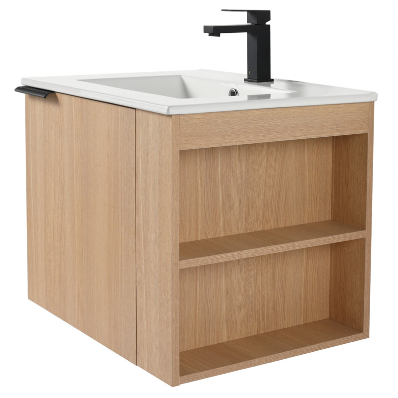 Meuble-lavabo moderne 24 po avec lavabo en céramique blanche Ebern Designs Elmridge - tablettes ouvertes à droite