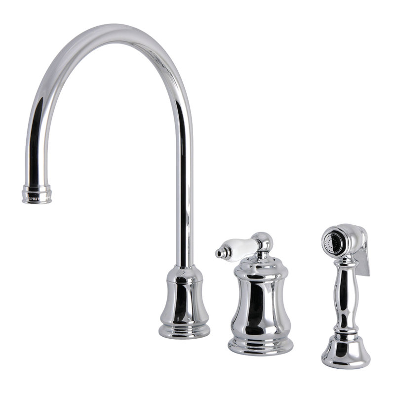 Kingston Brass Restoration Single-Handle 3-Hole Widespread Kitchen Faucet with Brass Sprayer, Polished Chrome