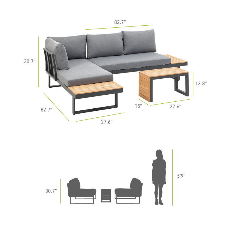Samara Gray Aluminum and Teak 2-Piece Outdoor Sectional Set