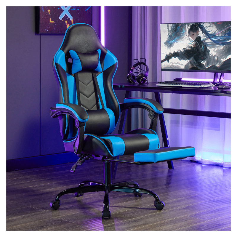 Ergonomic Gaming Chair with Footrest and High Back Support in Black and Blue