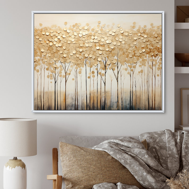 Minimalisme Golden Trees Harmony sur toile, H 34 po x l 44 po x P 1,5 po, Cadre flottant blanc