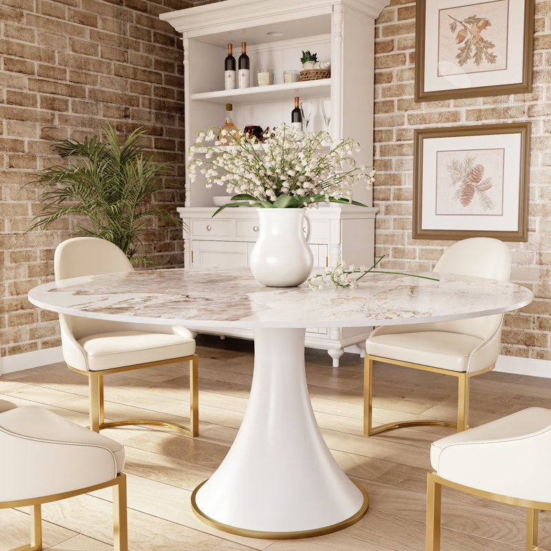 Ensemble de table ronde blanc pierre, H 29,52 po x l 59 po x P 59 po, Sable chaud, 7 pièces : table, 6 chaises