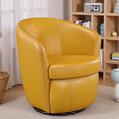 Luxury Leather Swivel Chair - Plush Barrel Back Accent Chair for Living Room, 360° Spin, Solid Wood Frame