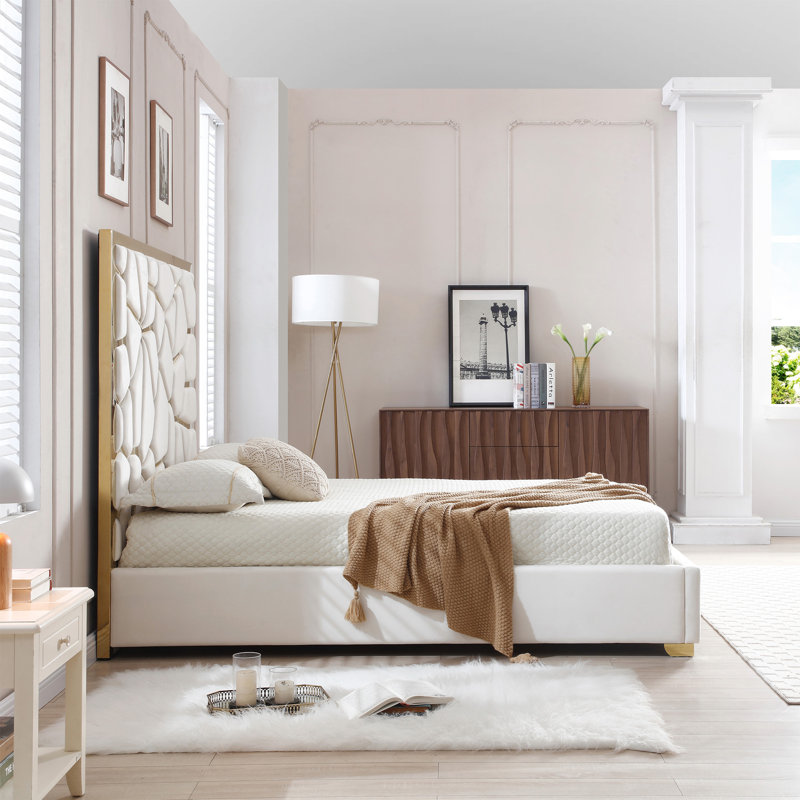 Upholstered Metal Platform Bed, Cream, King