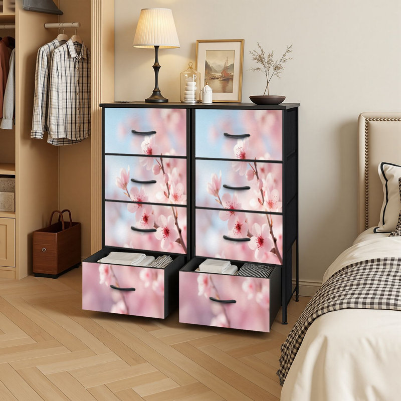 Commode 4 tiroirs avec tiroirs verticaux délicats à branches de cerisier en fleurs bleu ciel doux avec plateau en bois