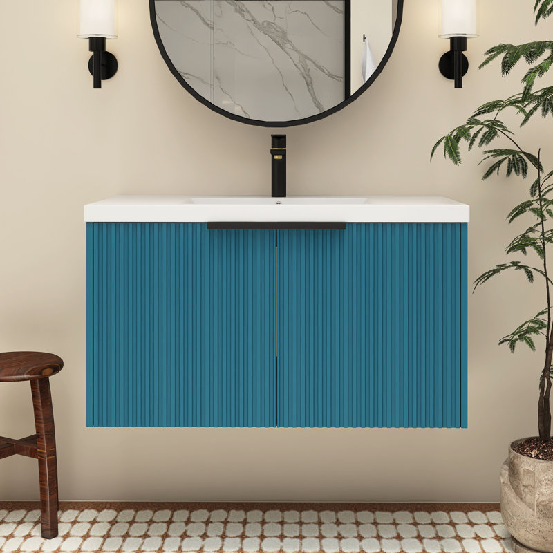 Meuble-lavabo mural 36 po avec lavabo en résine, Bleu lac