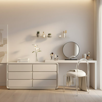 63"–94.5" Extendable Cream Convertible Desk and Vanity with 6 Drawers