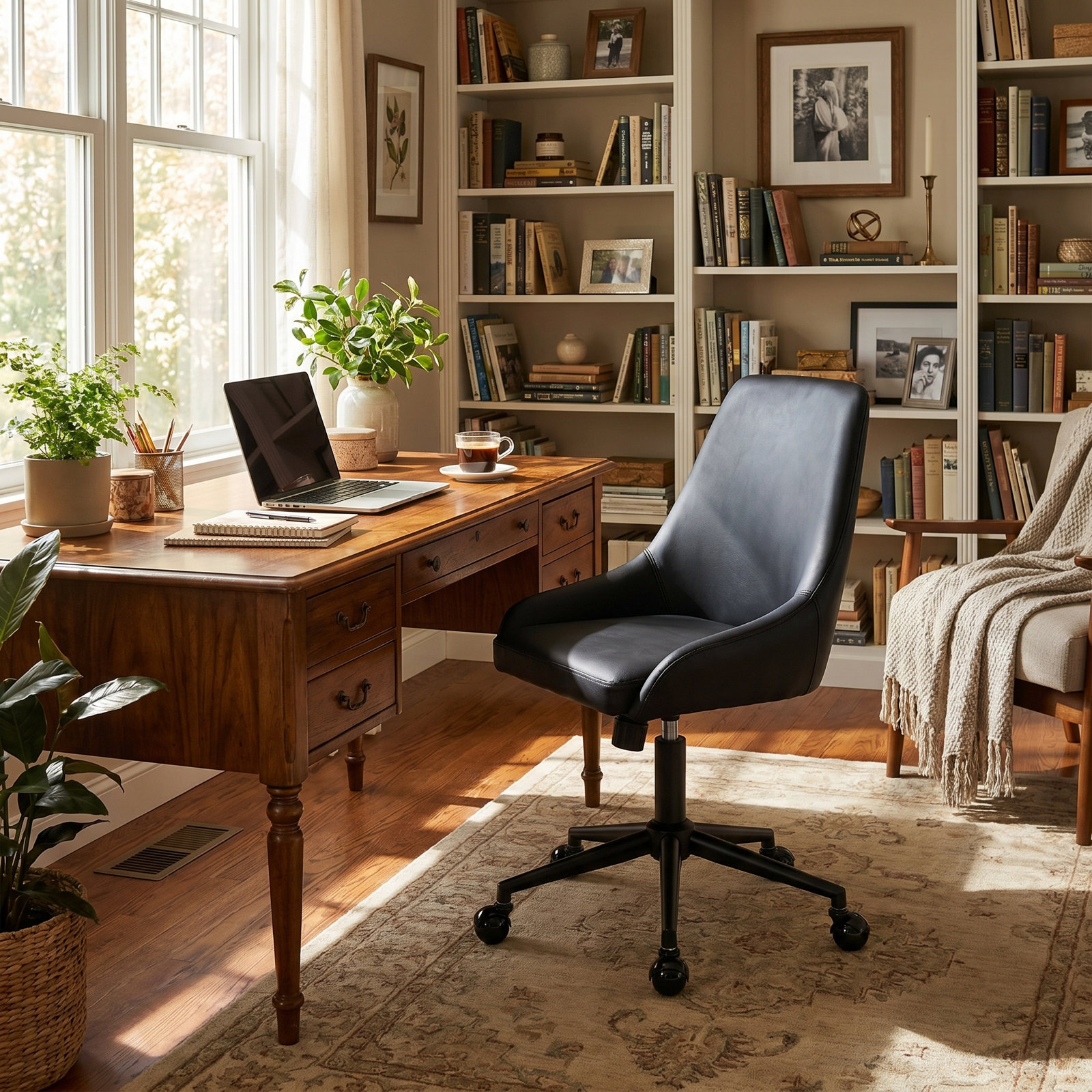Vanora Swivel Office Chair, Black Faux Leather