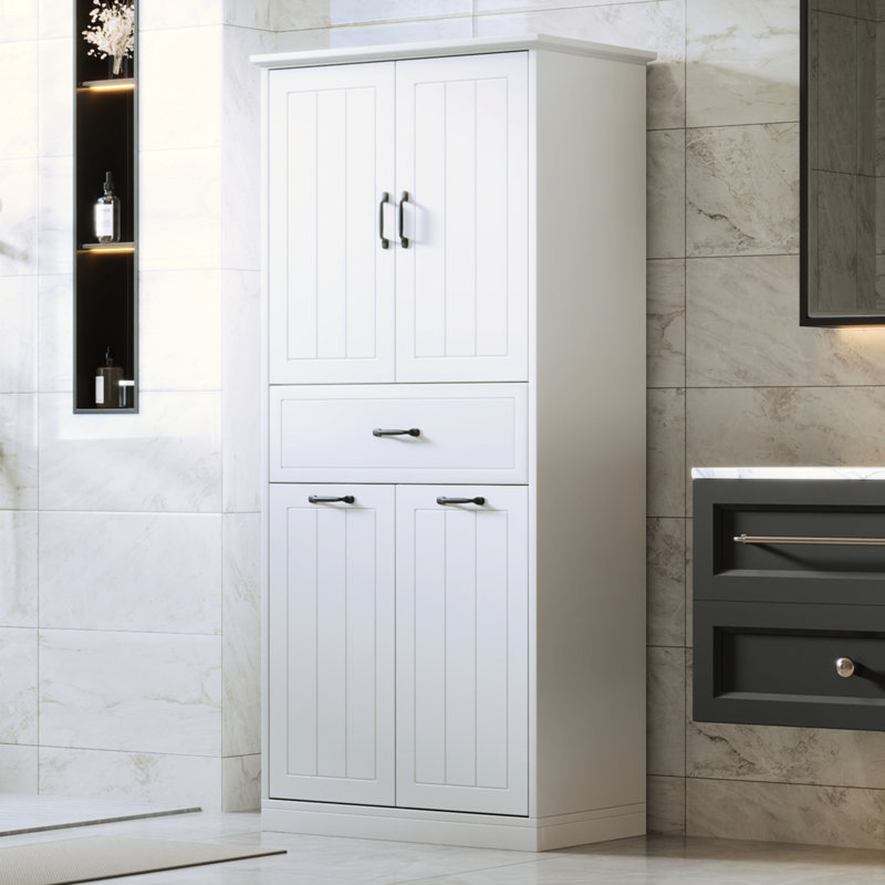 Armoire de salle de bain blanche avec deux lavabos. Fabrication, peint. Tablette réglable pour une organisation personnalisable et pratique. Rangement personnalisé pour portes et tiroirs, surface peinte. Maximisé