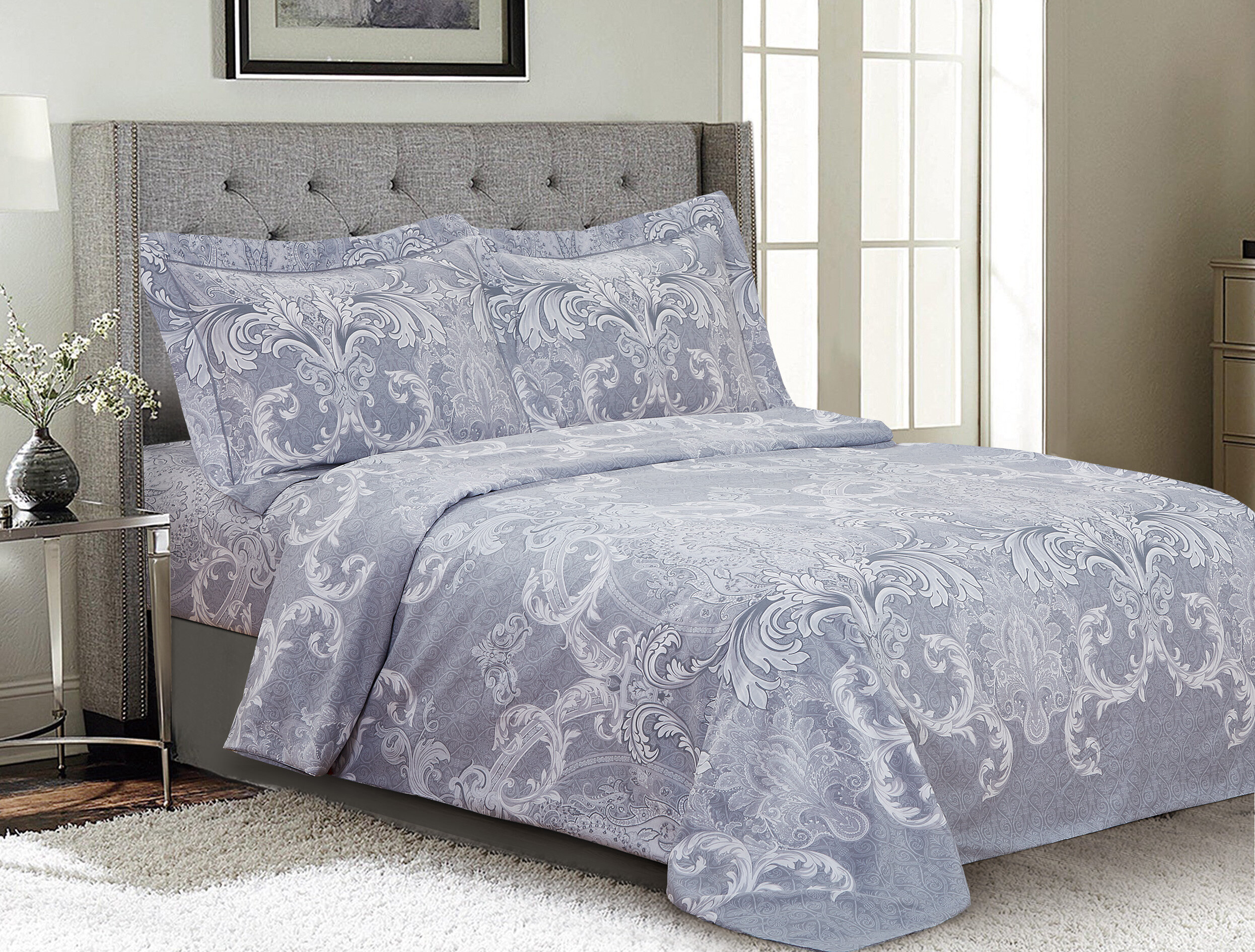 Violet Linen French Damask Pattern Blue Standard Cotton Reversible 8 ...