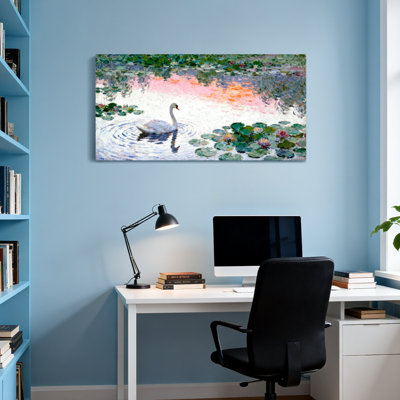 Animals Swan Waterlilies Reflection Pond Art Canvas Print