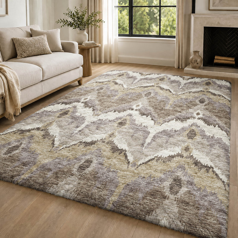 Washable Ikat Indoor Rug, Beige, 9' x 12'