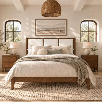 Knighten Solid Wood Boucle Upholstered Headboard Dark Walnut Queen Bed Frame