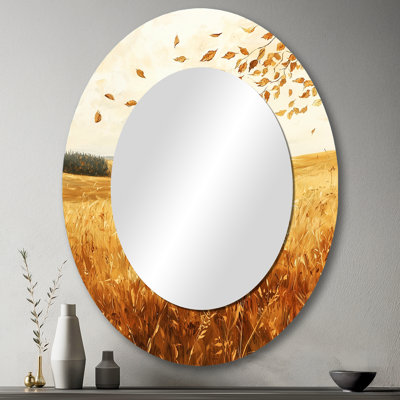 Windy Meadow Prairie Leaves V - Miroir décoratif floral ovale sur métal