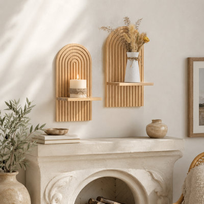 Boho Fluted Wall Accents Set of 2, Arched Wood Wall Candle Holders