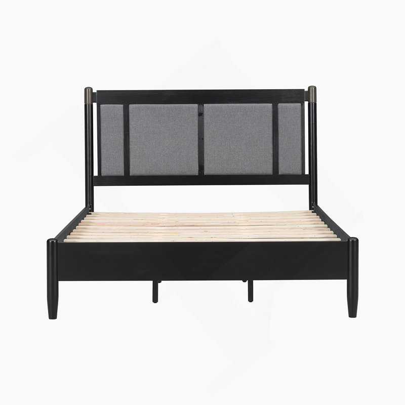 Grand lit en bois massif avec support robuste de 500 lb, sans sommier tapissier et tête de lit tapissier noire avec poignées en métal