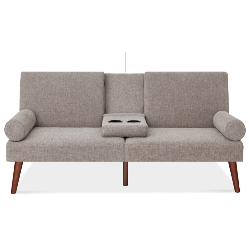 Isamu Fabric Upholstered Convertible Futon w/ Rounded Armrests, Wooden Legs, 2 Cupholders, Gray 100% Polyester