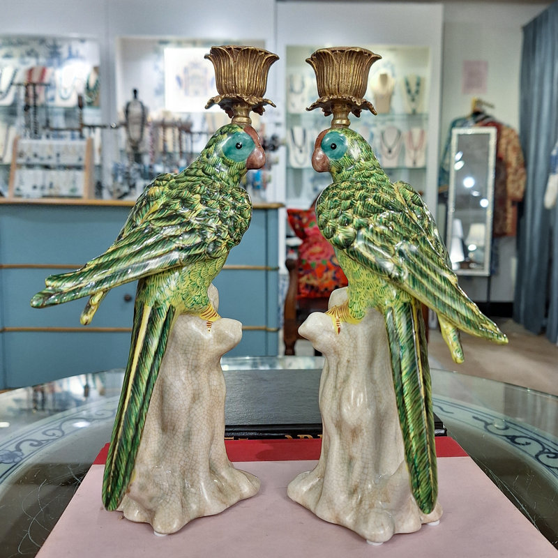 Porcelain Green Parrot Candleholder Pair with Bronze Ormolu