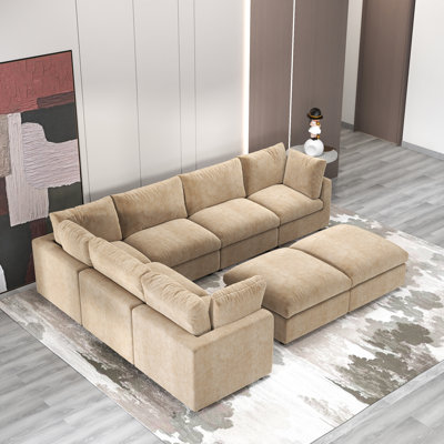 Kessi 8-Piece Upholstered Modern Chenille Fabric Modular Sectional Sofa With Ottoman