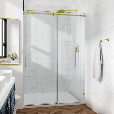 Porte de douche 54x76 "fixe et coulissante, quincaillerie de tube carré, porte de douche en verre transparent, verre trempé Sgcc 3/8" (10mm), acier inoxydable, or brossé