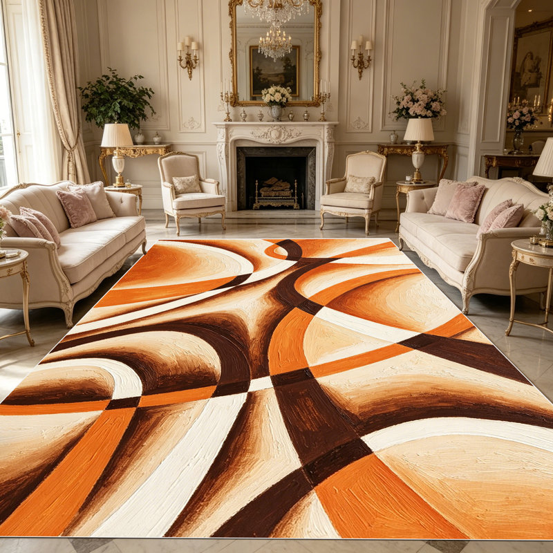 1PC Abstract Warm Brown Orange Cream Swirl Geometric Line Art area rugs, Soft and Comfortable, easy-to-maintain, machine washable Indoor floor mat, suitable for living room, bedroom, dining area, entryway, backyard patio, home office, Home Decor