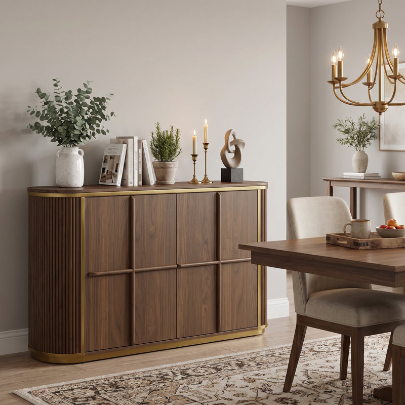 50" Mid-Century Modern Fluted Sideboard, Solid Wood Buffet Cabinet with Brushed Gold Stainless Steel Accents, Walnut