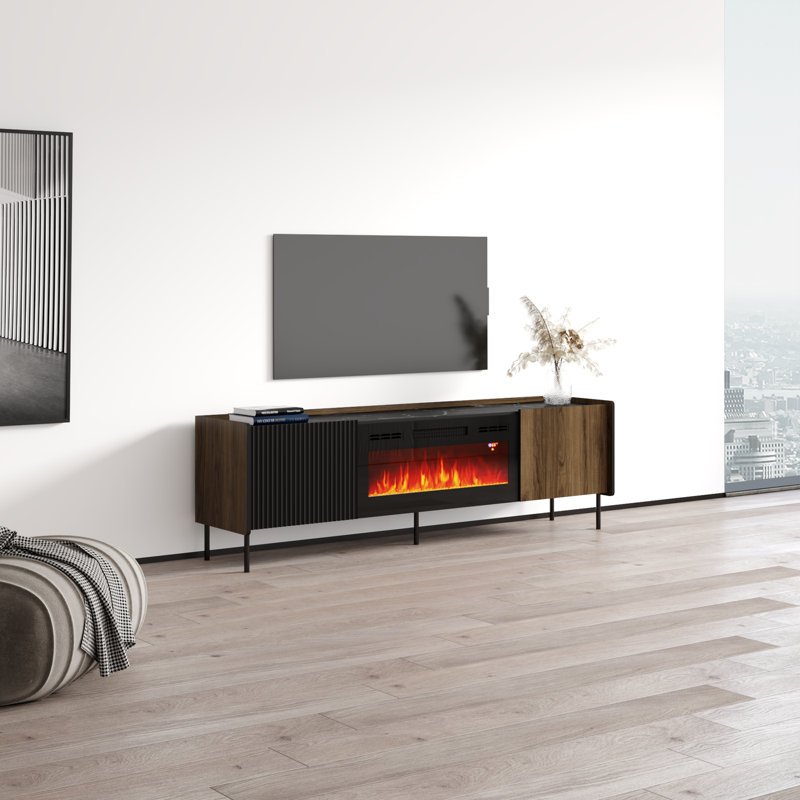 Billye 70.9" Modern TV Stand with Electric Fireplace, Matte Finish, Media Storage, Walnut/Black