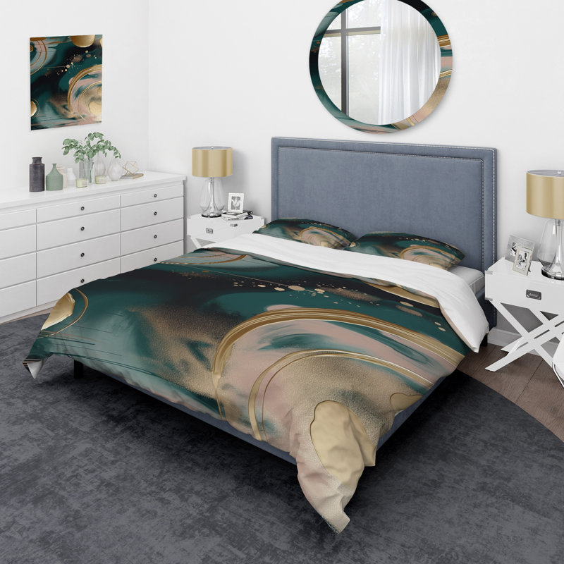 Ensemble de housse de couette en marbre abstrait doré et vert Harmony Swirls II